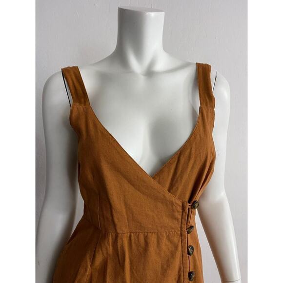 Jens Pirate Booty S Midi Dress Wrap Button Linen Blend Sienna Brown Sleeveless - Picture 4 of 11